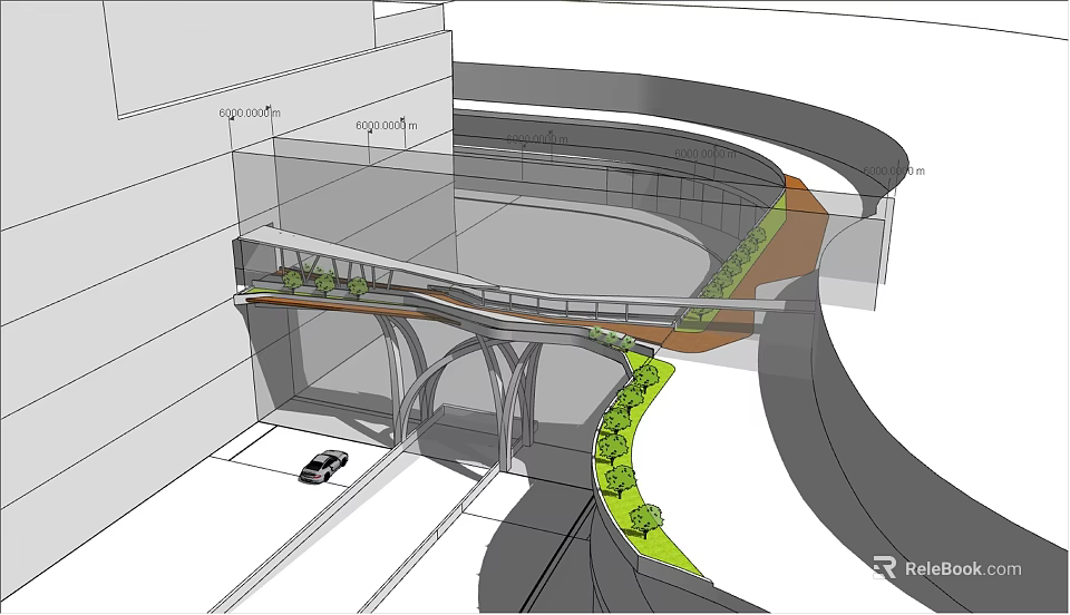 Modern Curved Bridge Design With Greenery Alongside And Vehicular Passage Below 3d model 