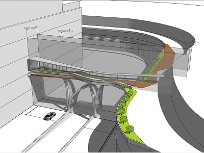 Modern Curved Bridge Design With Greenery Alongside And Vehicular Passage Below 3d model