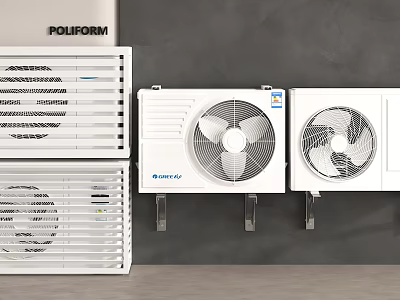 Display Of Wall Mounted Air Conditioner Fans In Different Styles 3d model