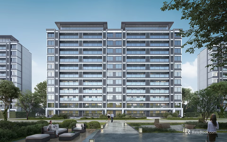 Modern High Rise Residential Building With Glass Curtain Wall Landscaping And People On Pathway 3d model 
