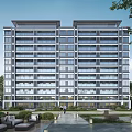 Modern High Rise Residential Building With Glass Curtain Wall Landscaping And People On Pathway