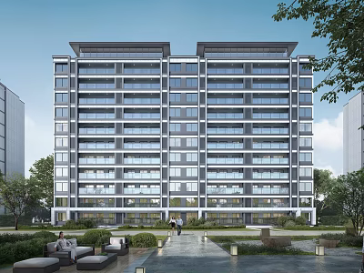 Modern High Rise Residential Building With Glass Curtain Wall Landscaping And People On Pathway 3d model