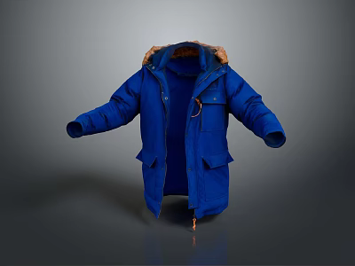 Warm Blue Winter Puffer Coat With Fur Collar And Front Pockets 3d model