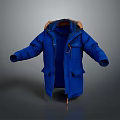 Warm Blue Winter Puffer Coat With Fur Collar And Front Pockets