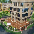 Detached Villa Beige Exterior Design With Large Windows Balconies Greenery Lawn And Outdoor Seating