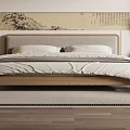 Modern Bedroom Interior With Wooden Bed Wall Art Hanging Lamps And Area Rug