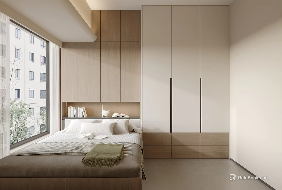 Modern Tatami Bedroom Interior Design With Built in Wardrobes Window Bookshelf And Cozy Bed 3d model 