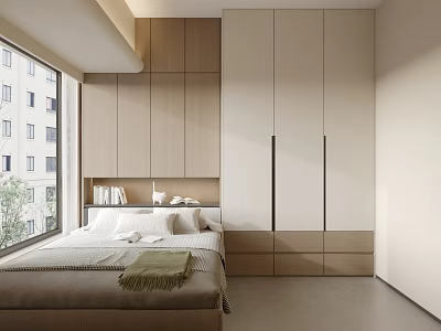 Modern Tatami Bedroom Interior Design With Built in Wardrobes Window Bookshelf And Cozy Bed 3d model
