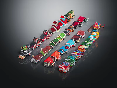 Colorful Small Houses Arranged In A Row With Various Roof And Wall Colors 3d model