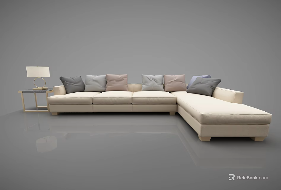 Modern Beige Sectional Sofa With Colorful Throw Pillows And Side Table Lamp 3d model