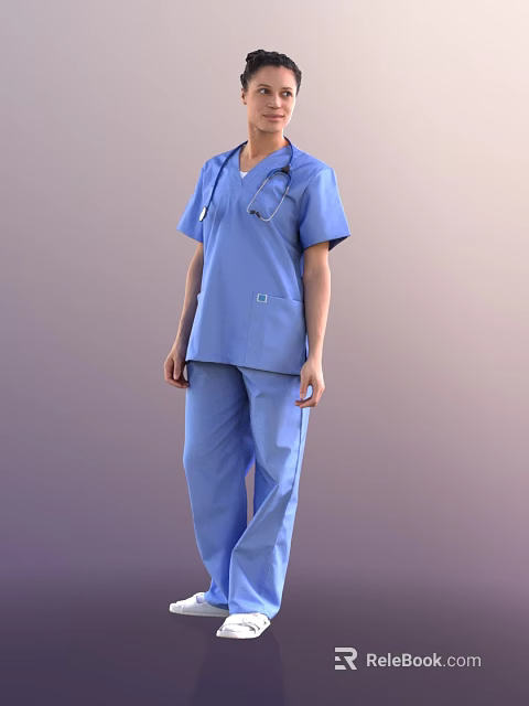 Professional Woman in Blue Scrubs with Stethoscope Standing in Clinic 3d model 