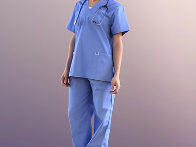 Professional Woman in Blue Scrubs with Stethoscope Standing in Clinic 3d model
