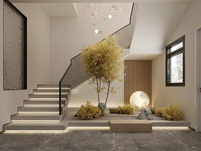 Modern Minimalist Staircase Interior Design With Glass Railing Yellow Tree And Moon Shaped Lamp 3d model