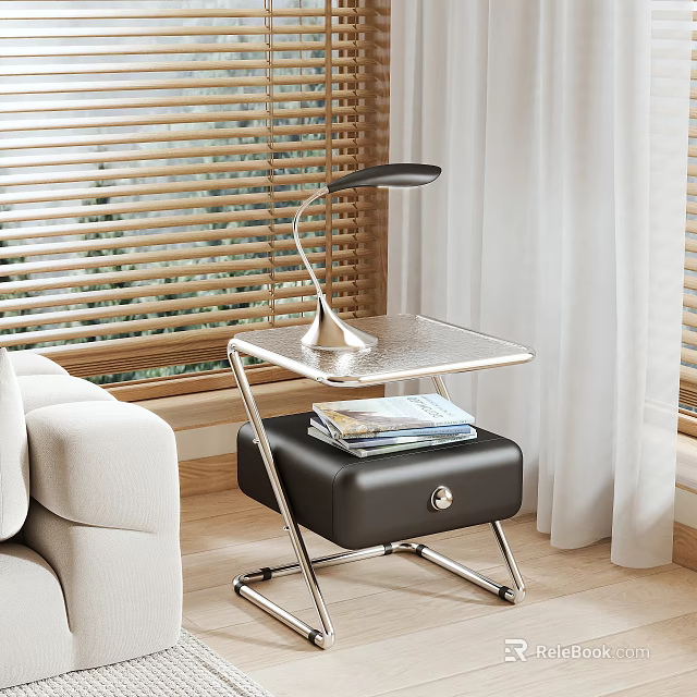 Modern Bedside Table With Metal Frame Table Lamp And Upholstered Stool With Books 3d model