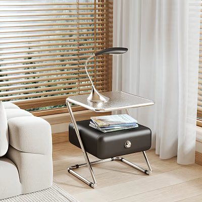 Modern Bedside Table With Metal Frame Table Lamp And Upholstered Stool With Books 3d model