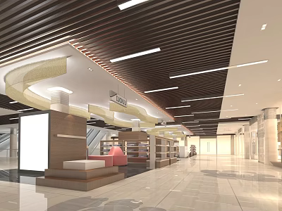 Modern Shopping Mall Store Interior With Wooden Ceiling Lighting Rest Area And Marble Floor 3d model