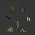 Outdoor Barbecue Grill Setup With Skewers Herbs Frying Pan Tools And Firewood