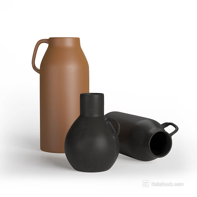 Decorative Ceramic Vessels Featuring Brown and Black Tall Short Tilted Shapes with Handles 3d model 