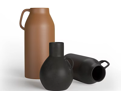 Decorative Ceramic Vessels Featuring Brown and Black Tall Short Tilted Shapes with Handles 3d model