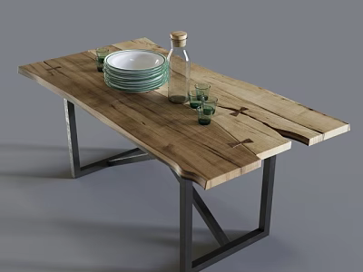 Rustic Wooden Dining Table with Metal Legs Featuring White Plates Green Glasses and Glass Bottle 3d model