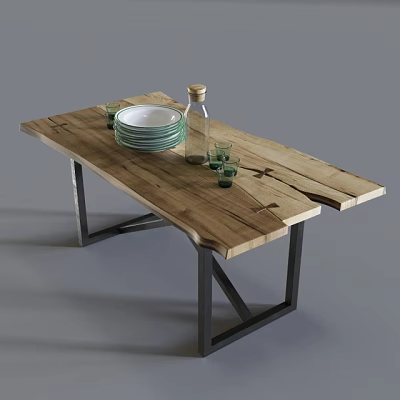 Rustic Wooden Dining Table with Metal Legs Featuring White Plates Green Glasses and Glass Bottle 3d model