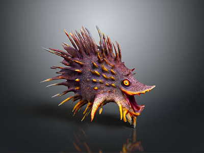 Spiky Purple Yellow Marine Creature With Open Mouth And Sharp Spines 3d model