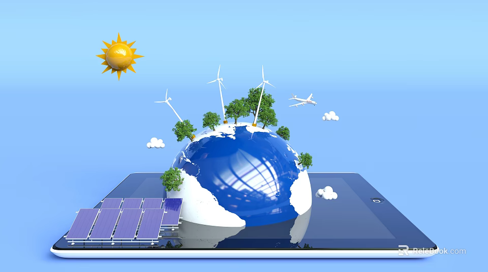 Cartoon Scene of Earth Globe with Sun Wind Turbines Solar Panels Trees Airplane on Tablet 3d model 