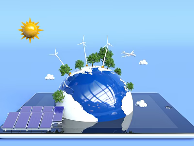 Cartoon Scene of Earth Globe with Sun Wind Turbines Solar Panels Trees Airplane on Tablet 3d model