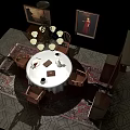 Classic Dining Table Set With Round Table White Tablecloth Wooden Chairs Chandelier And Wall Art