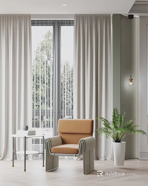 Brown Single Sofa In Modern Interior With Beige Curtains Window Green Plant And Side Table 3d model 