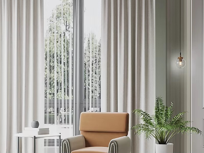 Brown Single Sofa In Modern Interior With Beige Curtains Window Green Plant And Side Table 3d model