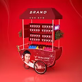 Functional Cart With BRAND Logo Displayed Products And Green Plant Decorations On Red Background
