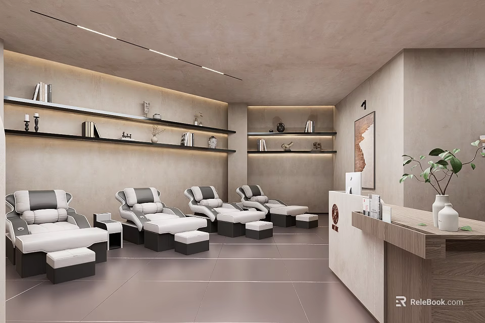 Modern Club Interior With Comfortable Reclining Chairs Reception Desk And Decorative Plants 3d model 