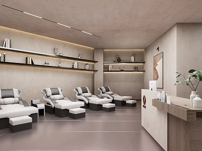 Modern Club Interior With Comfortable Reclining Chairs Reception Desk And Decorative Plants 3d model