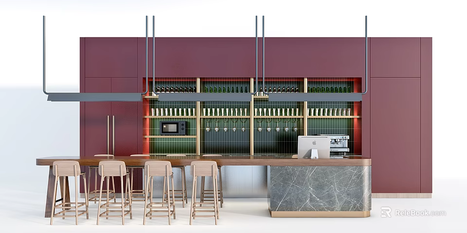 Stylish Bar Counter With Red Wall Wine Racks Hanging Lights And Beige Bar Stools 3d model 