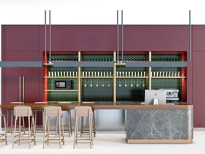Stylish Bar Counter With Red Wall Wine Racks Hanging Lights And Beige Bar Stools 3d model