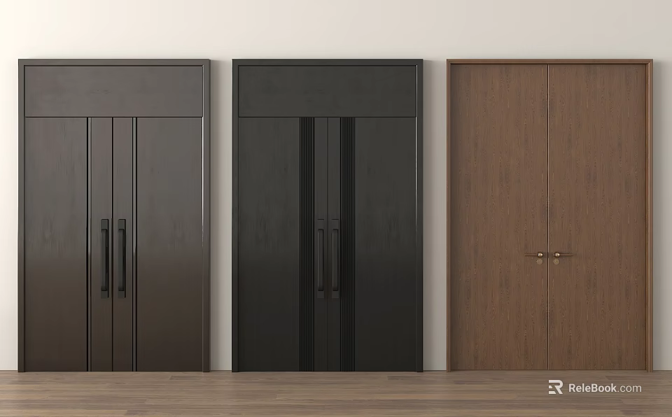 Dark Gray And Black Double Doors In Modern Interior With White Wall And Wooden Floor 3d model 