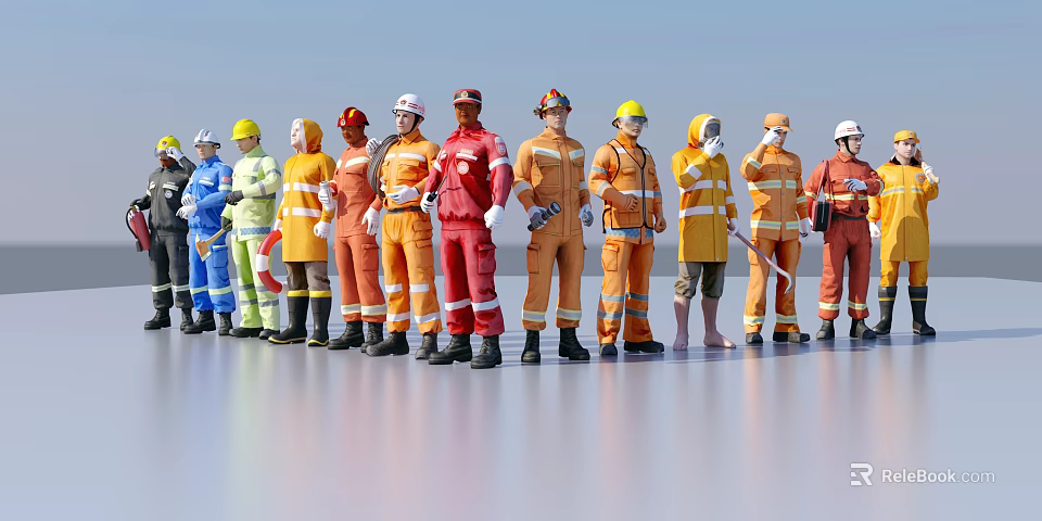 Men Wearing Different Colored Work Uniforms And Safety Helmets Standing In A Row Outdoors 3d model 