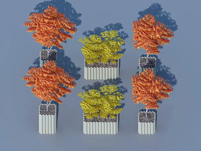 Bonsai Potted Plants With Orange Yellow Leaves In White Decorative Planters 3d model
