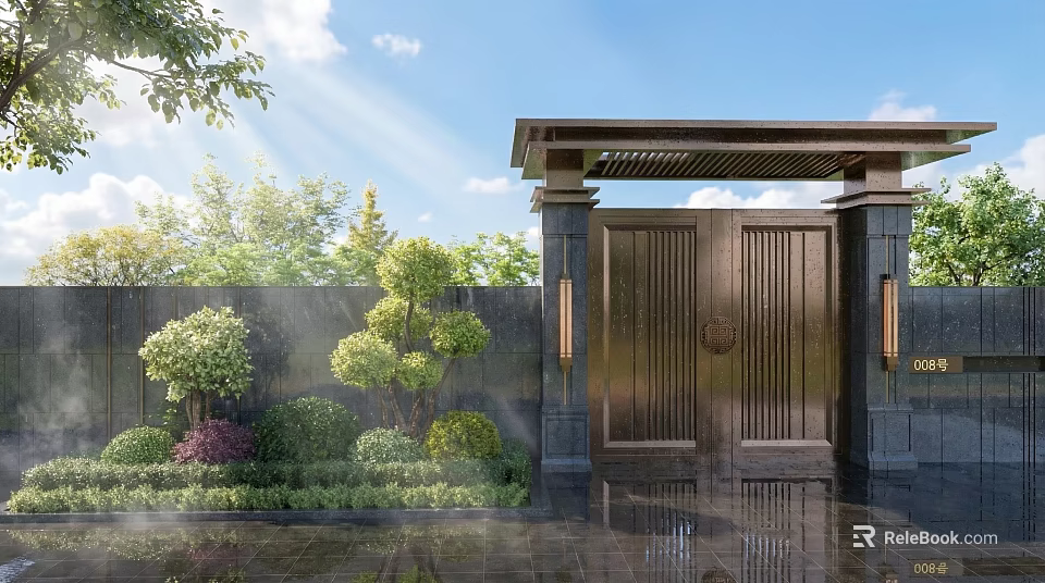 Traditional Chinese Garden Landscape With Copper Gate Lush Greenery And Stone Path 3d model 