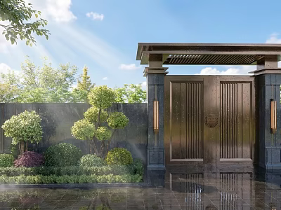 Traditional Chinese Garden Landscape With Copper Gate Lush Greenery And Stone Path 3d model