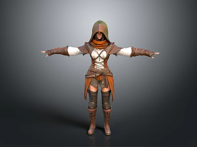 Woman in Hooded Brown and White Outfit With Leather Armor Leggings and Boots Arms Outstretched 3d model
