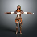 Woman in Hooded Brown and White Outfit With Leather Armor Leggings and Boots Arms Outstretched