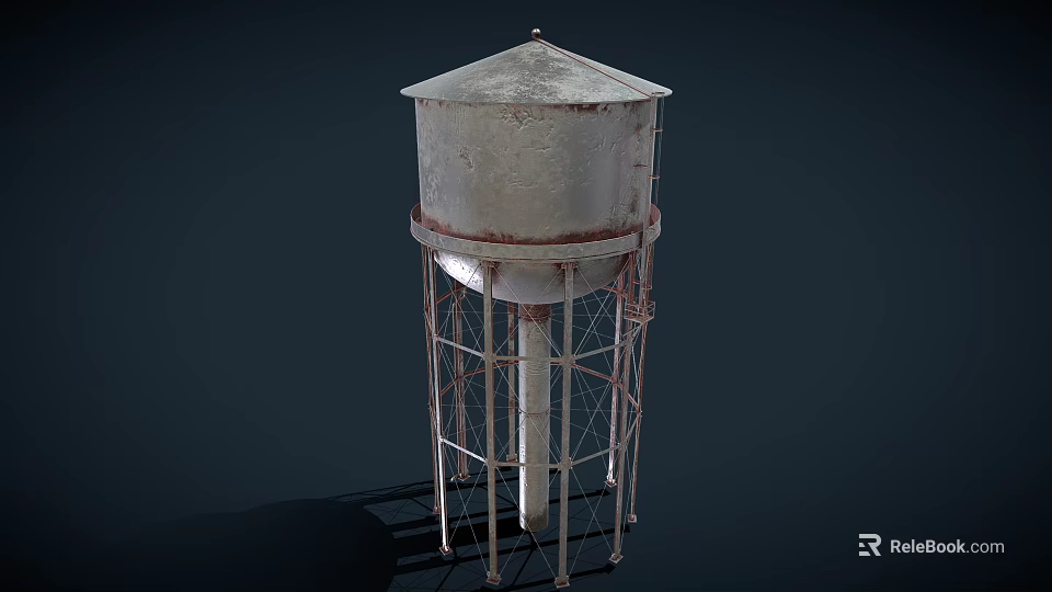 Rusty Metal Water Tower With Elevated Base Support And Conical Roof Design 3d model