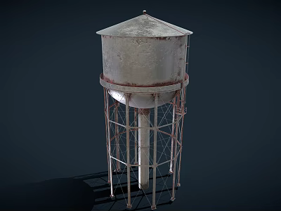 Rusty Metal Water Tower With Elevated Base Support And Conical Roof Design 3d model