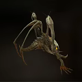 Mysterious Mechanical Creature with Skeletal Structure Long Legs and Glowing Yellow Eyes on Dark Background
