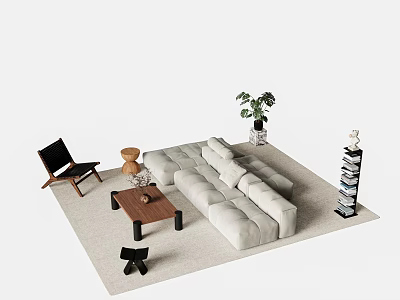 Modern Beige Sofa And Wooden Coffee Table Set With Accent Chair Potted Plant And Bookshelf 3d model
