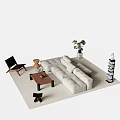 Modern Beige Sofa And Wooden Coffee Table Set With Accent Chair Potted Plant And Bookshelf