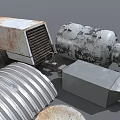 Diverse Industrial Equipment Parts Including Metal Pipes Funnel Motor And Mechanical Components