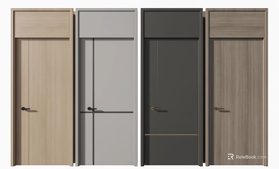 Modern Interior Hinged Doors in Wooden Gray Black and Natural Finishes for Home Office 3d model 